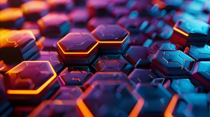 Obraz premium Dazzling Hexagonal Lattice Field with Luminous Accents and Vibrant Retrofuturistic Design