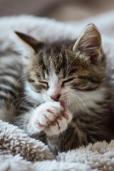 Naklejka premium Week old grey and white tabby kitten grooming his paw