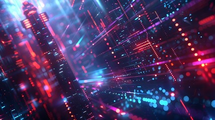 Fototapeta premium Cutting-Edge Abstract Technological Backdrop with Intricate Molecular Structures and Radiant Neon Cityscape