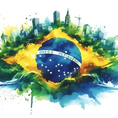 Watercolor Cityscape with Brazilian Flag