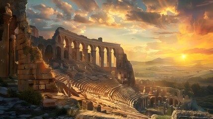 Ancient runs in a desert with sunset and clouds background