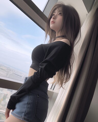 窓から外を眺める女性