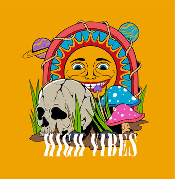 Sun With Skull Inside and Mushroom Plants