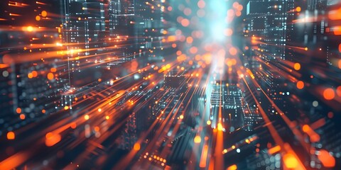 Obraz premium Interconnected Polygonal Forms Visualizing Dynamic Data Flow in Solarpunk-Inspired Industrial Setting