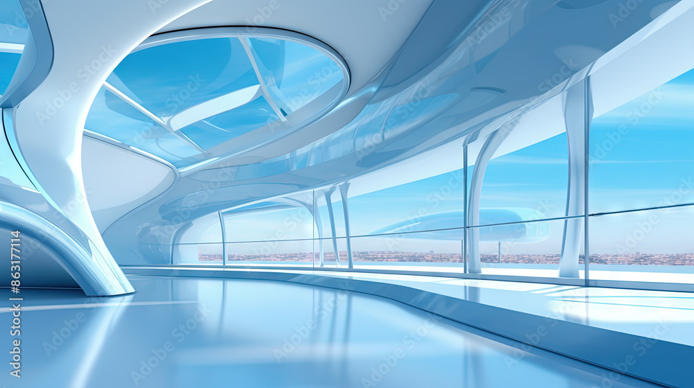 Poster Abstract architecture scene with smooth curves. Abstract background with futuristic building in white and blue colors.