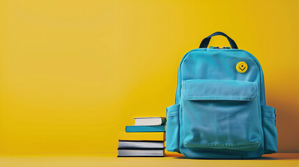 Schulanfang - Rucksack mit Bücher und Wecker als Symbolbild für den Schulstart. Start ins neue Schuljahr