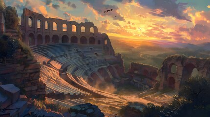 Ancient runs in a desert with sunset and clouds background