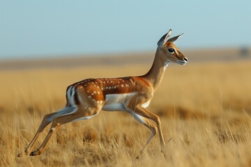Impala Fawn Running Through Tall Grass in African Savanna
