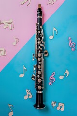 clarinet with wood musical notes on blue and pink background