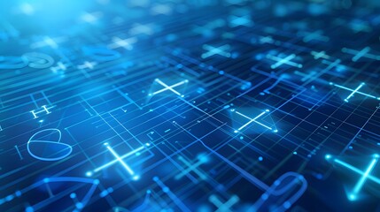 Obraz premium A futuristic blue grid network with glowing connections, symbolizing advanced technology and digital connectivity.