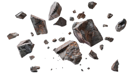 A few broken rocks flying in the air on transparent background
