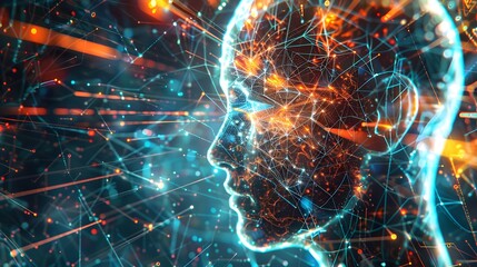 Abstract digital face with glowing neon network connections and circuits, symbolizing futuristic artificial intelligence and technology.