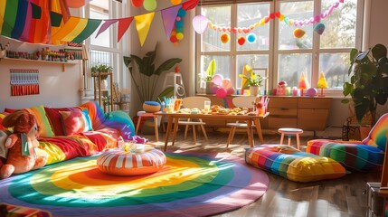 Fototapeta premium Vibrant Rainbow-Themed Party Room with Colorful Decorations and Cozy Seating 