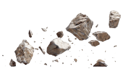 A few broken rocks flying in the air on transparent background