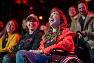Wheelchair User Enjoying a Live Comedy Show with Friends, Embracing Joy and Laughter