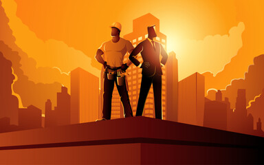 Blue collar and white collar workers standing on a building with skyscrapers in the background. For business, corporate, and labor rights materials, symbolizes teamwork and the modern workforce