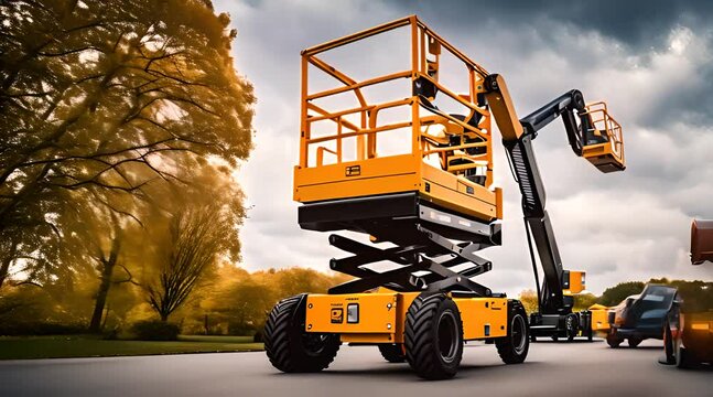Yellow Boom and Scissor Lifts on Street. Aerial Access