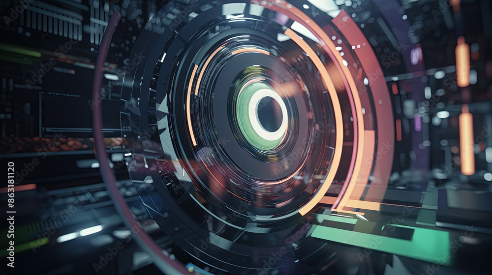 Poster Technology abstract background with hud styled round interface elements in neon tech light.
