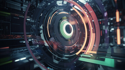 Technology abstract background with hud styled round interface elements in neon tech light.