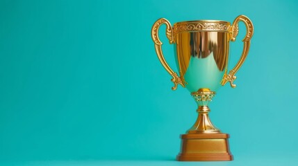 Fototapeta premium A shiny golden toy trophy cup stands out against a bright cyan background