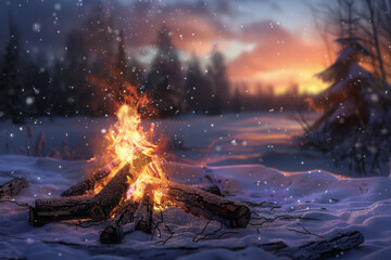 campfire burns in the snow	