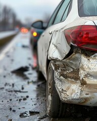 Closeup of a white car with a damaged rear bumper, emphasizing the severity of the accident