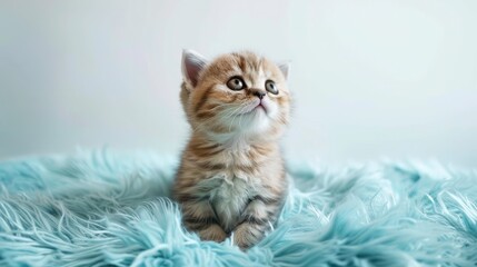 A one month old Scottish fold kitten with red stripes perched on a blue furry rug against a white backdrop