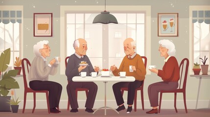 Group of elderly people enjoying breakfast together innursing home dining room.