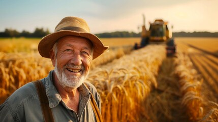 Portrait of male farmer in golden wheat field with combine harvester machine.