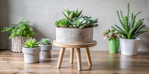 Fototapeta premium Modern Scandinavian room interior features a sleek diy concrete pot on a wooden side table, holding a lush arrangement of green and white succulents.