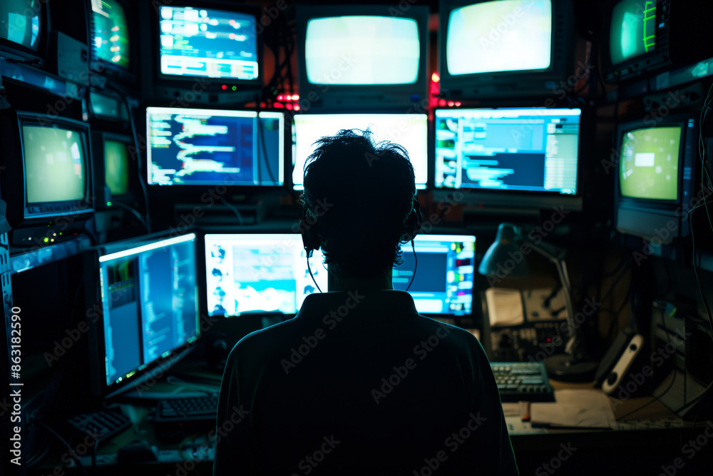 Poster rear view of hacker working late at night in a dark room