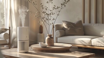 Fototapeta premium Modern Living Room with Air Humidifier and Scandinavian Design Elements in Natural Light