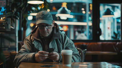Man in a Cap Drinks Coffee at a Cafe Table