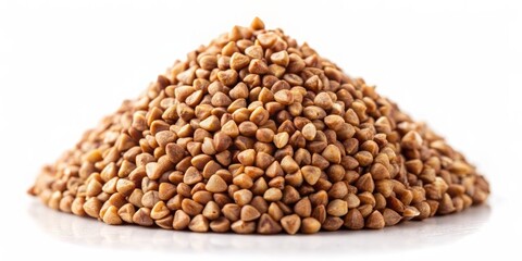 Obraz premium High-contrast macro shot of a single buckwheat seed isolated on a pure white background, showcasing its intricate texture and triangular shape in detail.