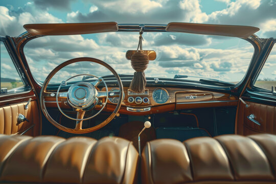 Vintage Style Car Interior with Retro Air Freshener, Classic Leather Seats and Wooden Dashboard for Design