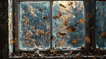 Autumn leaves swirling inside an old, weathered room with a view through a window to a blurry, softly lit outdoor scene