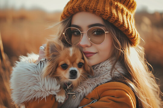 Young Woman With Brown Hair Wearing a Knit Hat and Round Sunglasses Holds a Small Brown Dog