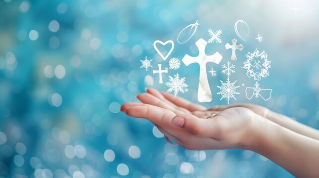Hand holding catholic cross symbol near symbols of world religions on blue background.