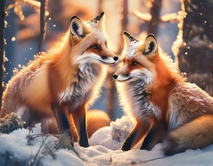 A pair of red foxes, playfully interacting in a snowy forest, with their fur contrasting sharply against the white snow and their bushy tails creating a dynamic composition.

