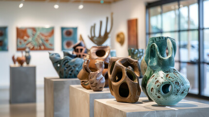 Abstract Ceramic Sculptures in Art Gallery with Natural Light