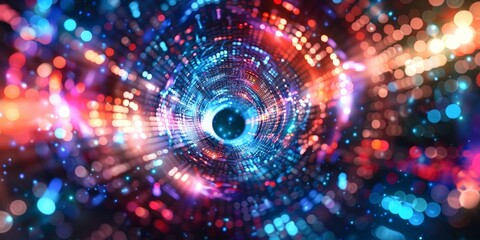 Neon Energy Sphere Surrounded by Dynamic Particles