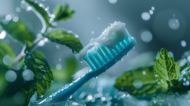 Close-Up Shot of Toothbrush with Toothpaste, Mint Leaves, and Water Droplets for Refreshing Clean Visual