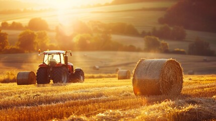Obraz premium Closeup view of dry crop hay bale in farm land field with tractor