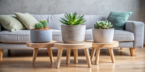 Modern Scandinavian-inspired living room features a trio of small succulents planted in handmade concrete pots on a wooden side table surrounded by minimalist decor.