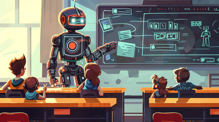  A robot teacher is teaching children in the classroom, with an interactive blackboard displaying various AI tools and code in a cartoon style.