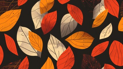 Seamless pattern of fall leaves on a dark background 