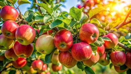 Obraz premium A lush apple tree branch with ripe fruit and lush green leaves, pruned to perfection in summer, ensuring a bountiful harvest the following year.