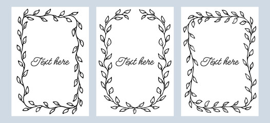 Hand drawn black frame with leaves isolated on background. Vertical border frame cards. Collection of leafs frame template with space for text.