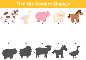 Find the correct shadow of the cute illustration of farm animal. Educational logic game for children. Printable worksheet.