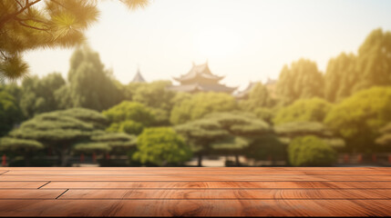 Background, wooden planks in foreground, background blurred, green natural landscape